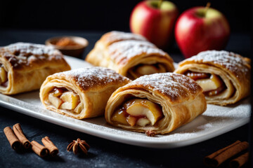 Delicious baked apple pie rolls served on a white plate, topped with powdered sugar