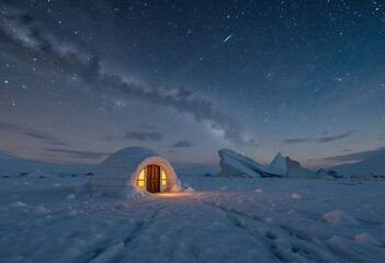 Snowy winter night landscape with aurora borealis in the mountains