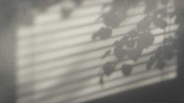 4K Seamless loop of leaf and window blind shadows on soft surface, natural light overlay with copy space, minimal background for skincare, spa, beauty industry branding, ambient video, and design use