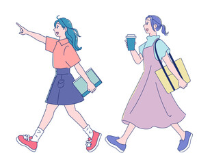 歩くアニメタッチの可愛い女子生徒