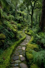 Fototapeta premium Winding Stone Path Through Lush Green Mossy Forest