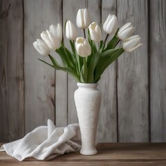 Bouquet of white tulips in a white vase on a wooden background
