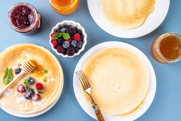Traditional Maslenitsa food, Eastern European Slavic thin pancakes crepes