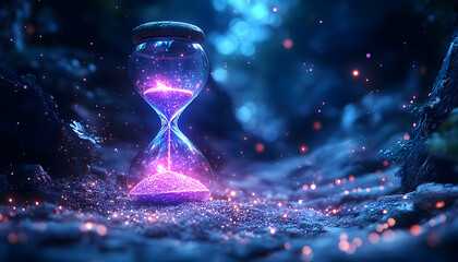 Hourglass filled with pink sand glows amidst a blurred, magical, dark forest with floating particles