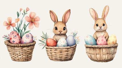 Set of Easter Baskets with Colorful Eggs, Flowers, and Watercolor Bunny, Isolated on Transparent Background