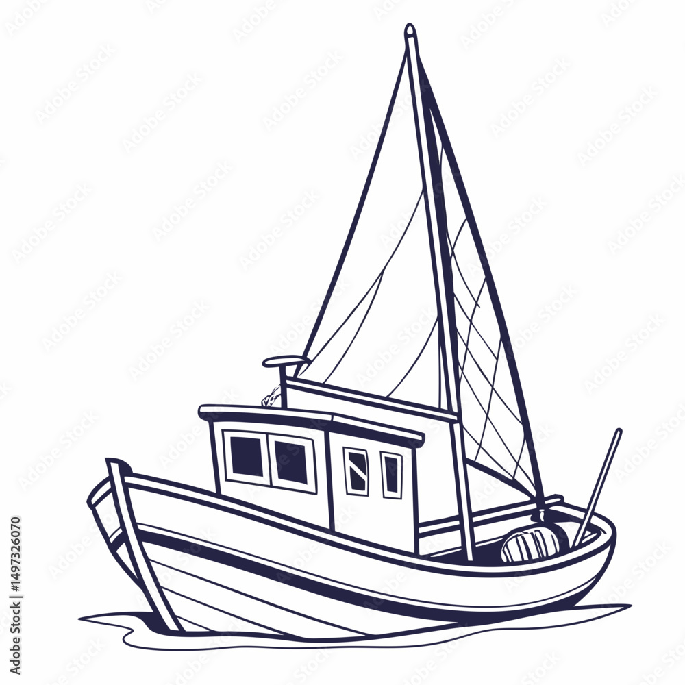 Poster nautical illustration of a sailboat drawn with simple lines against a transparent background suitabl