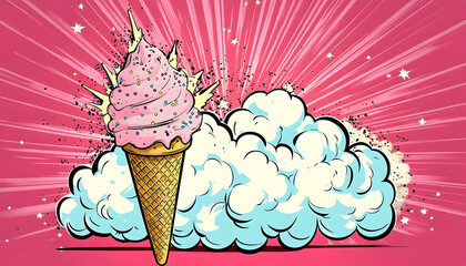 Ice cream cone with sprinkles explodes near puffy cloud in a bright pink radiant background