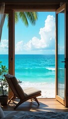 A serene ocean view unfolds from a comfortable seaside seat, offering a breathtaking panorama of waves and horizon Perfect for travel, relaxation, and coastal living themes , view, coast