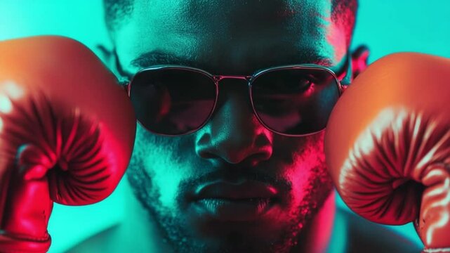 A powerful athlete channels focus and strength, adorned in iconic red gloves and stylish sunglasses. The captivating lighting emphasizes spirit and tenacity during training