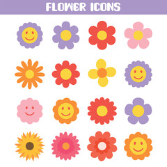 Colorful Flower Icon Set - Flat Vector Floral Elements Collection