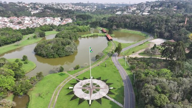 Tingui Park In Curitiba Parana Brazil. Drone Captures A Garden With Sidewalks Surrounded By Lush Trees. Business Sky Downtown Cityscape. Outside Downtown Panorama. Curitiba Parana.