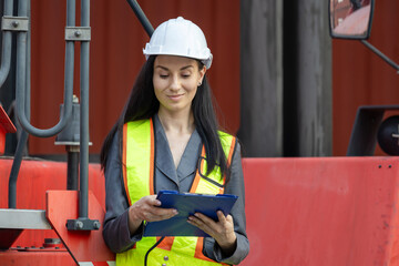 Female engineer with clipboard inspecting containers box at shipping yard, Caucasian woman working...