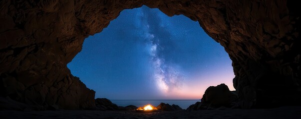 A campfire burns at a cave entrance, framing a breathtaking view of the starry Milky Way over the horizon at night.