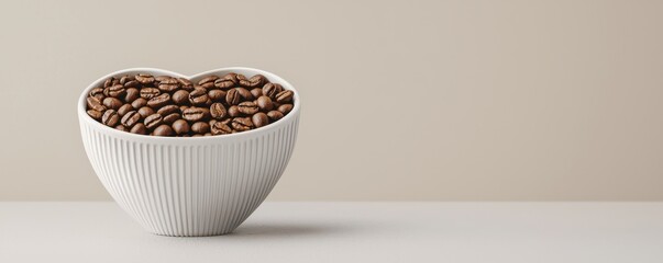 A white heart-shaped bowl filled with coffee beans sits on a light surface against a neutral background.