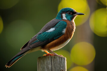 Obraz premium A small bird perched on top of a wooden post, ready to take flight