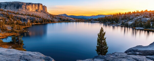 Fototapeta premium A calm mountain lake reflects a snowy landscape and trees at sunrise, with rugged cliffs and a vibrant sky in the background.
