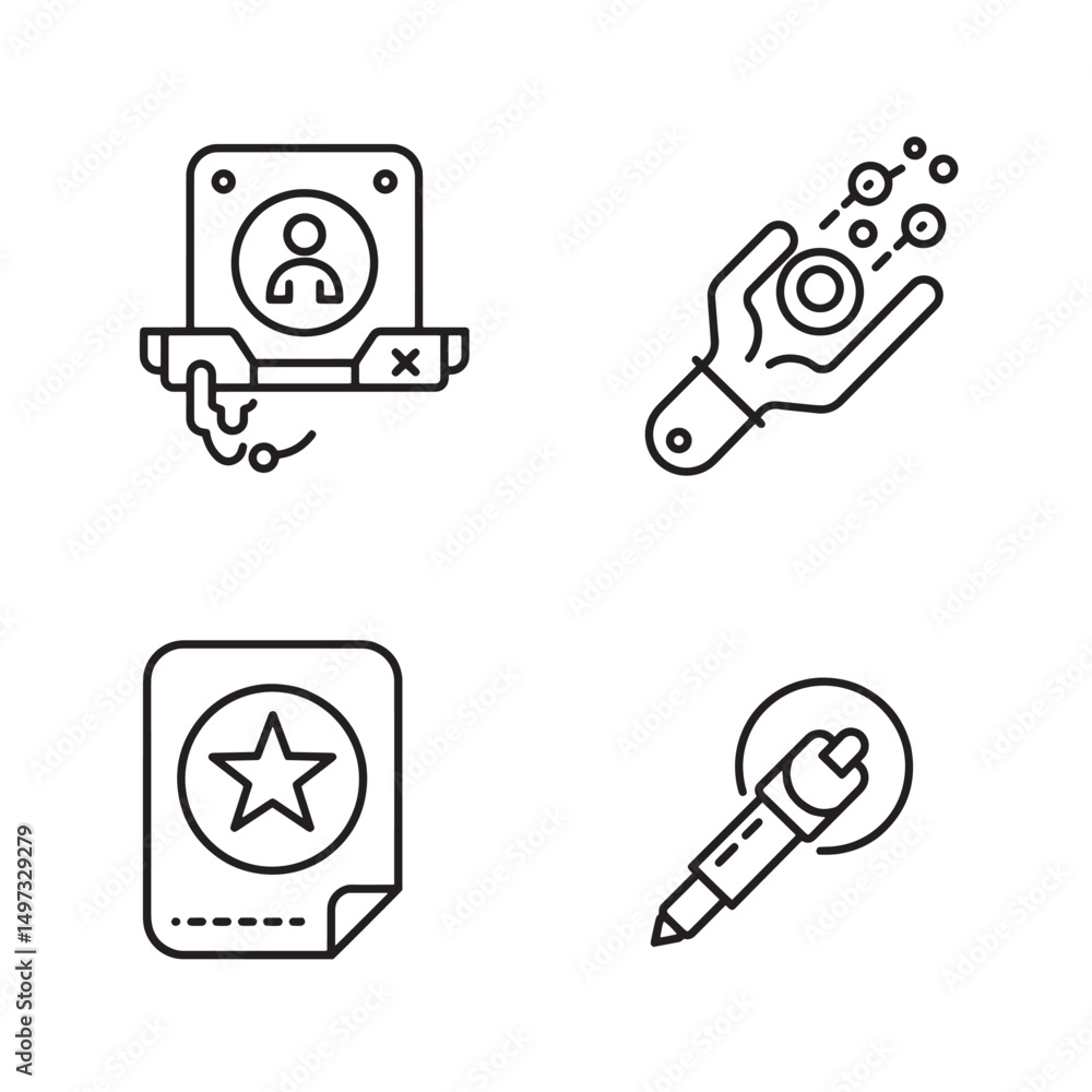 Poster collection of minimalist black line icons representing technology and service concepts in a silhouet