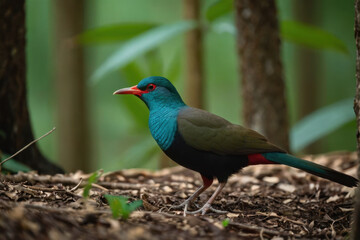 A blue and green bird stands on the ground, its feathers glistening in the light