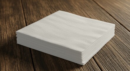 Fototapeta premium Stack of white paper napkin on rustic wooden table. Hygienic paper product for kitchen and dining. Concept of cleanliness and hospitality.