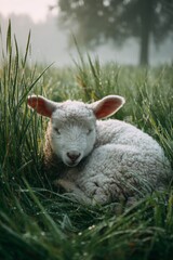 Obraz premium Adorable Fluffy Lamb Resting in Dewy Green Grass