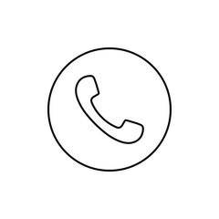 Phone call outline icon on circle line. Telephone, handset communication sign symbol