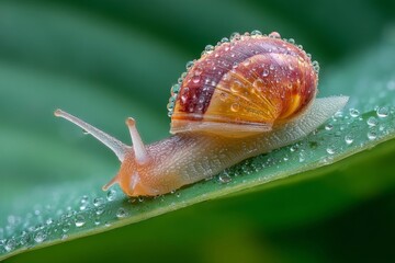 Snail Crawling on Dew-Covered Leaf