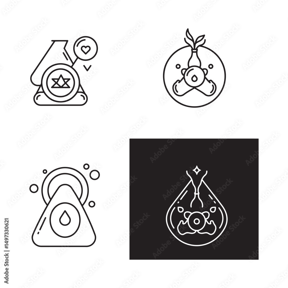 Poster four minimalist line art logos featuring science elements and symbolic shapes in a clean modern desi