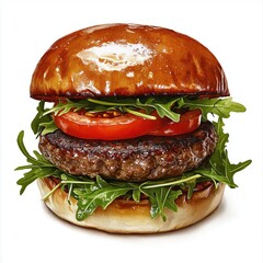 Delicious burger with tomato and arugula on white background