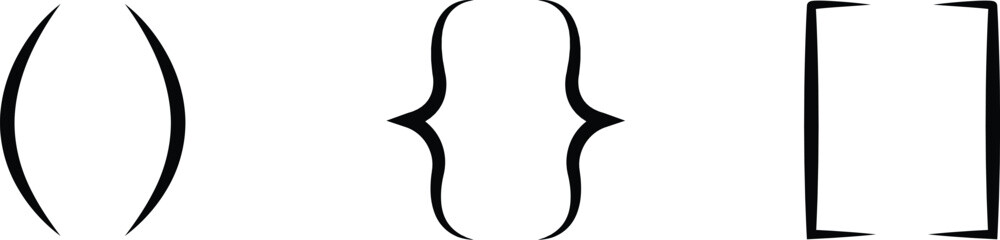 Text brackets icon set. Black quotation marks. Curly braces, double symmetric and angle. Vintage typographic symbol calligraphic quote frame. Doodle, element lettering. Vector for punctuation maths.