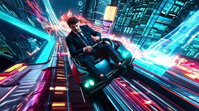 A man in a suit riding a roller coaster in a futuristic city