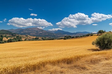 Fototapeta premium Photograph of a golden wheat field under the blue sky in Andalusia, Spain. This stock photo won a contest, and it is of the highest quality and resolution