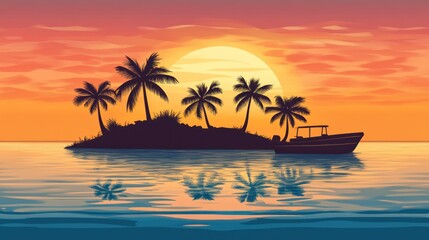 Obraz premium tropical island with palm tree silhouettes viewed from a boat