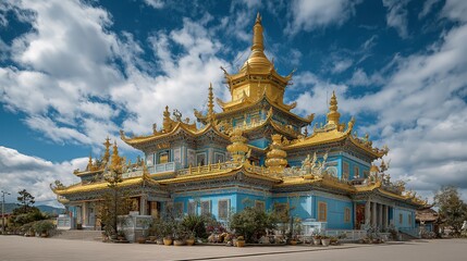 Fototapeta premium Menghuan Great Golden Pagoda complex with ornate carvings and golden spires against mountain backdrop, perfect for travel brochures and architectural studies