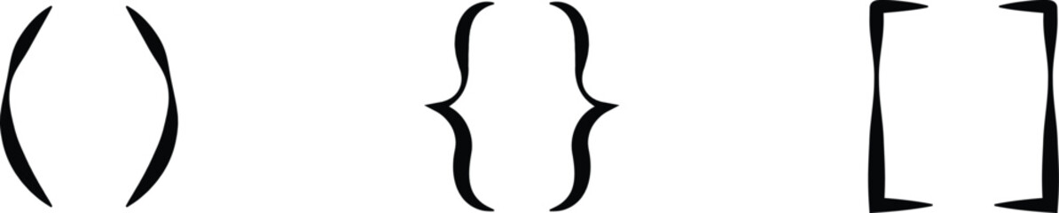 Text brackets icon set. Black quotation marks. Curly braces, double symmetric and angle. Vintage typographic symbol calligraphic quote frame. Doodle, element lettering. Vector for punctuation maths.