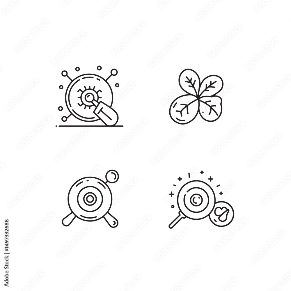 Poster set of minimalist outline icons representing research targets with data analysis and nature concepts