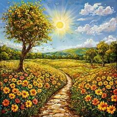 Beautiful cute illustration with landscape with road, tree, flowers sunny day.