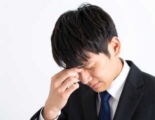 悲しみに沈むスーツ姿の男性