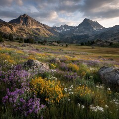 Fototapeta premium Vibrant Wildflower Meadow and Mountain Peaks at Sunset