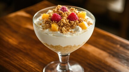 Chilled rice pudding with diced fruit and crunchy topping, served in a clear coupe glass on wood