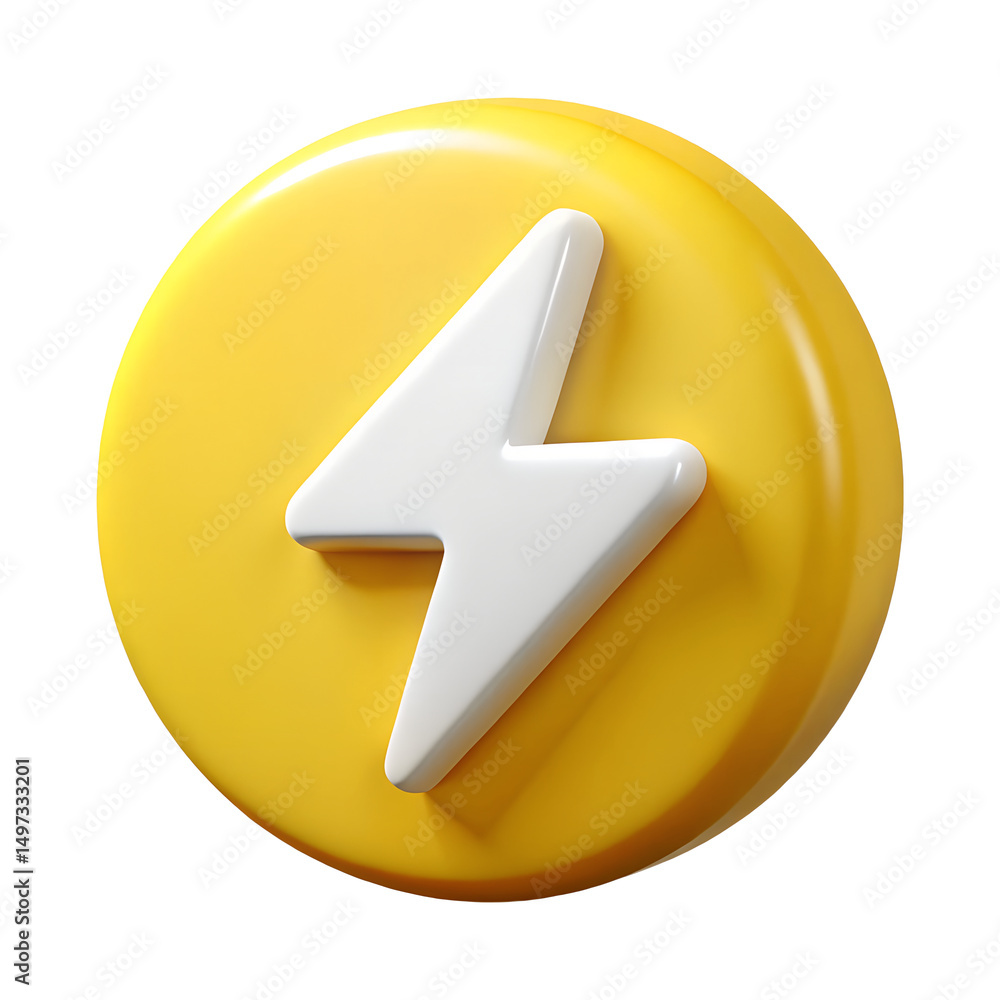 Fototapete 3d render of yellow circle with white lightning bolt icon isolated on transparent background
