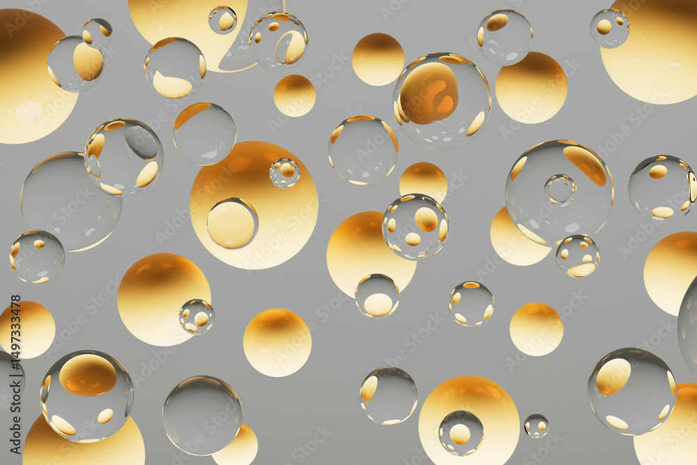 Poster golden-gray spheres abstract geometric background. 3d rendering. innovative 3d pattern of flying glo