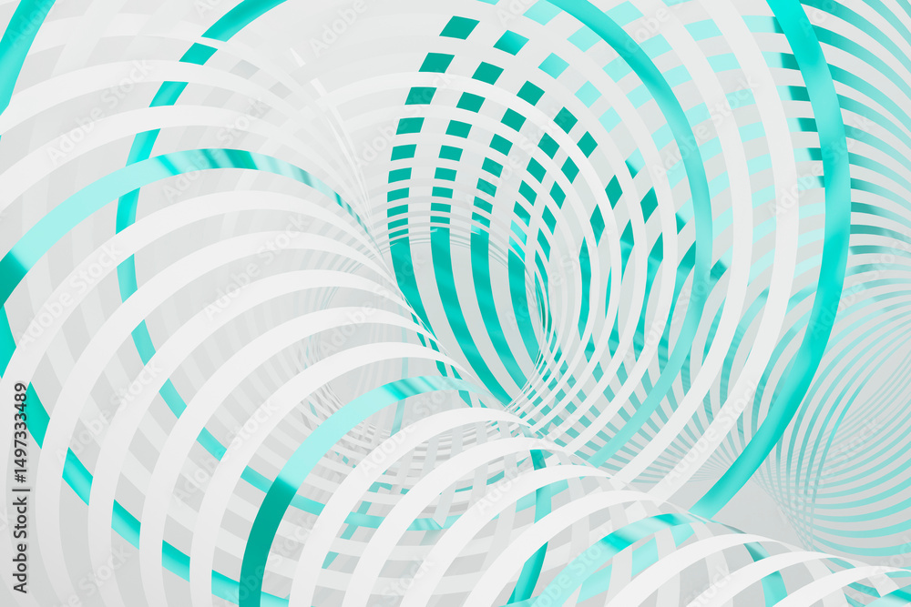 Poster sleek metallic turquoise lines as dynamic spiral pattern on minimalist white background. 3d renderin