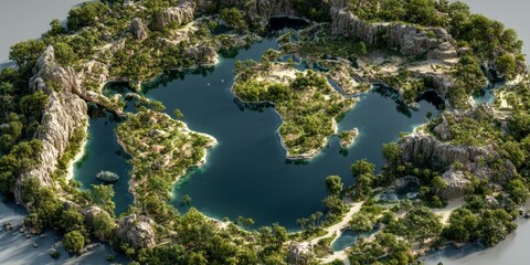 Fototapeta premium Lush archipelago forming world map with verdant islands and clear blue waters