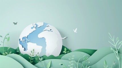 Paper Art Depiction of Earth with Green Landscape and Birds
