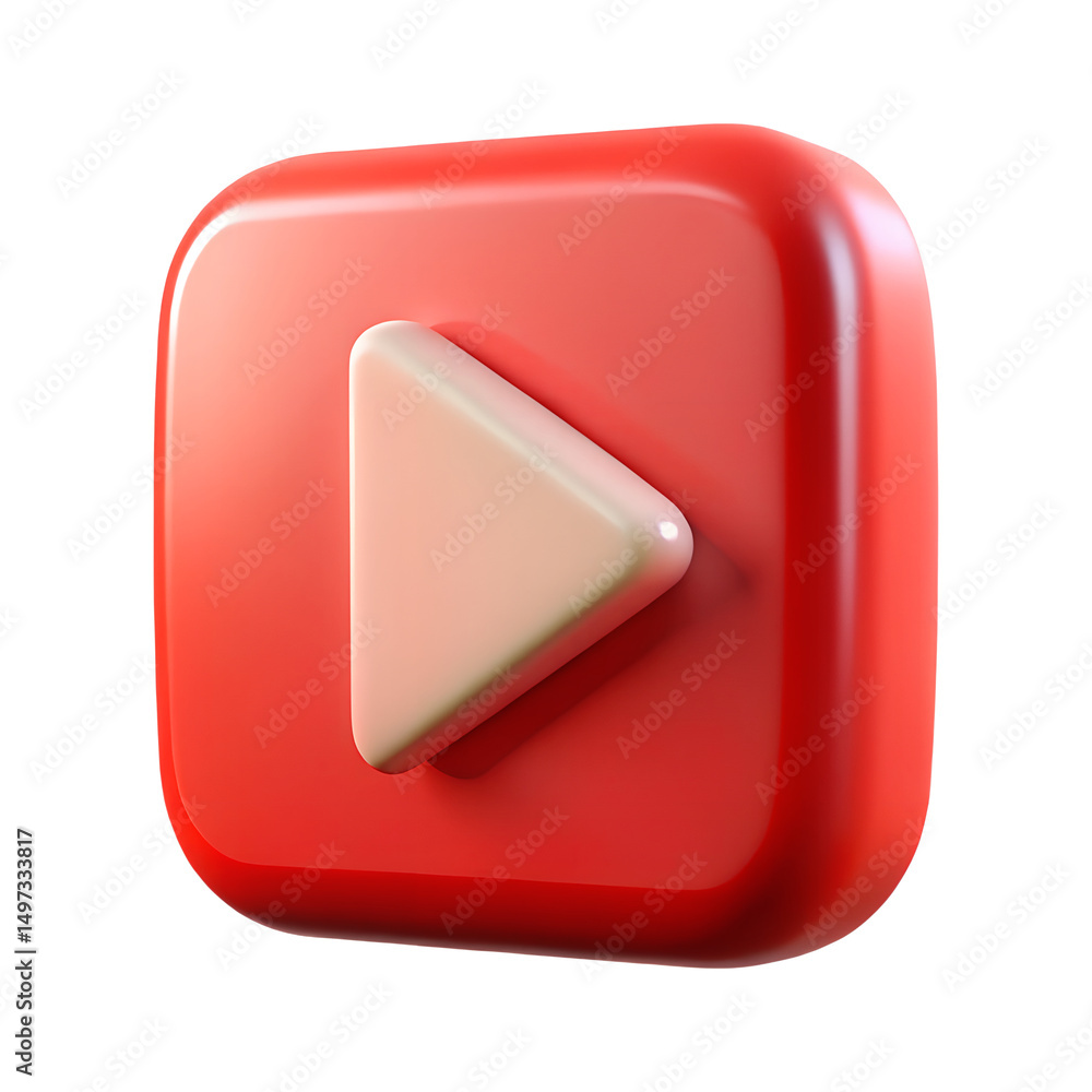 Poster 3d red play button icon square shape isolated on transparent background