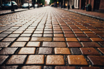 Urban scene with a cobblestone street and cars parked on both sides, suitable for use in cityscape or transportation-related contexts