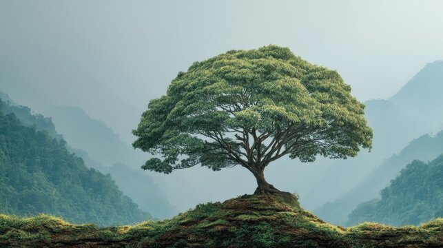 Lush green tree on hilltop with misty mountain backdrop in tranquil landscape