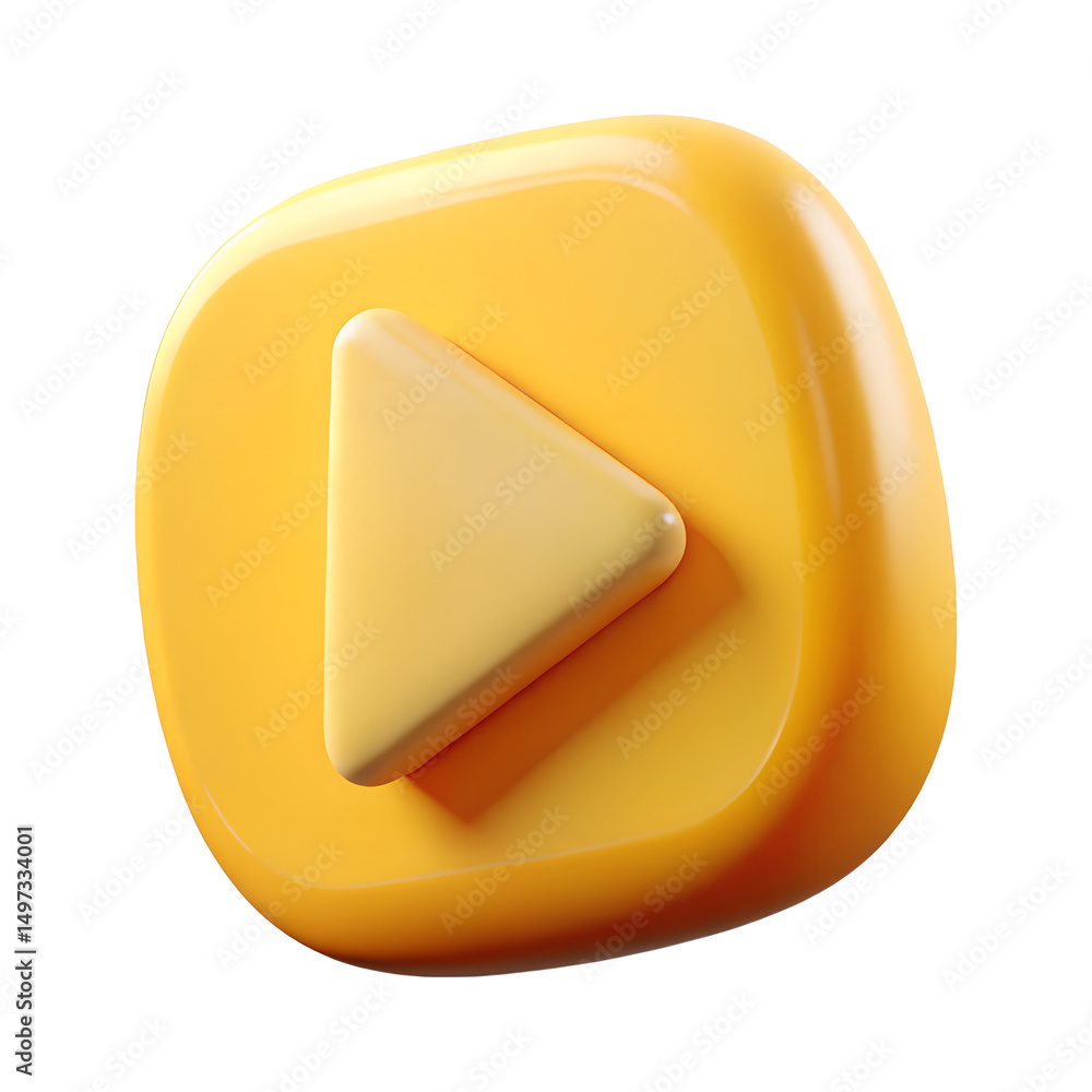 Poster 3d render of a yellow play button icon isolated on transparent background