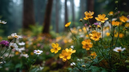 Obraz premium Vibrant wildflowers blooming in a serene forest setting