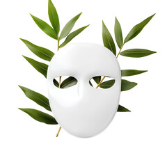 White mask surrounded by green leaves isolated against a transparent background..